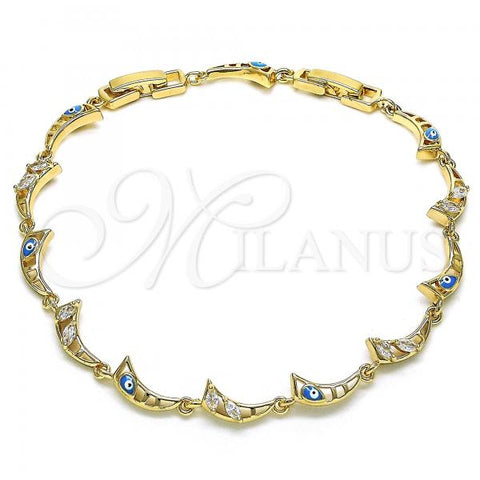 Oro Laminado Fancy Bracelet, Gold Filled Style Moon and Evil Eye Design, with White Cubic Zirconia, Turquoise Enamel Finish, Golden Finish, 03.196.0003.07