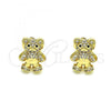 Oro Laminado Stud Earring, Gold Filled Style Teddy Bear Design, with White Micro Pave, Polished, Golden Finish, 02.156.0645