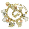 Oro Laminado Charm Bracelet, Gold Filled Style Butterfly and Ball Design, with White Crystal, Polished, Tricolor, 03.331.0192.08