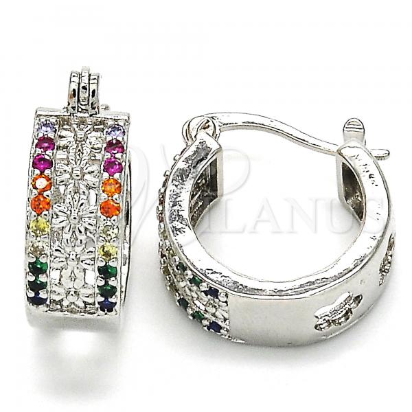 Rhodium Plated Small Hoop, Flower Design, with Multicolor Cubic Zirconia, Polished, Rhodium Finish, 02.210.0275.5.15