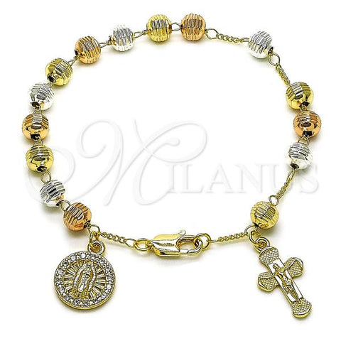 Oro Laminado Fancy Bracelet, Gold Filled Style Guadalupe and Cross Design, with White Micro Pave, Diamond Cutting Finish, Tricolor, 03.253.0116.08