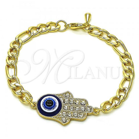 Oro Laminado Fancy Bracelet, Gold Filled Style Hand of God Design, with White Crystal, Blue Resin Finish, Golden Finish, 03.351.0142.08