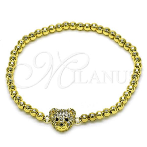 Oro Laminado Fancy Bracelet, Gold Filled Style Expandable Bead and Teddy Bear Design, with White and Black Micro Pave, Polished, Golden Finish, 03.299.0109.1.07