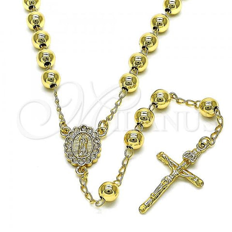 Oro Laminado Medium Rosary, Gold Filled Style Guadalupe and Crucifix Design, with White Crystal, Polished, Golden Finish, 09.213.0039.26