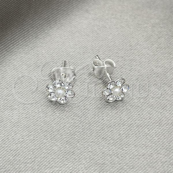 Sterling Silver Stud Earring, Flower Design, with White Crystal, Polished, Silver Finish, 02.406.0013.02