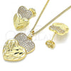 Oro Laminado Earring and Pendant Adult Set, Gold Filled Style Heart Design, with White Micro Pave, Diamond Cutting Finish, Golden Finish, 10.233.0040