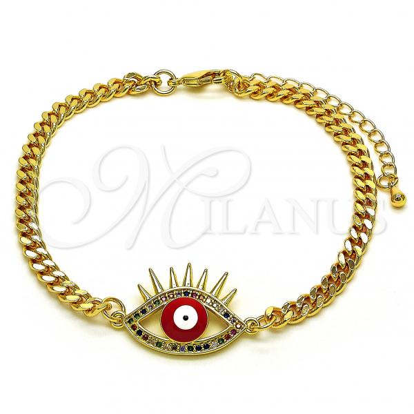 Oro Laminado Fancy Bracelet, Gold Filled Style Evil Eye Design, with Multicolor Micro Pave, Red Enamel Finish, Golden Finish, 03.341.0176.08