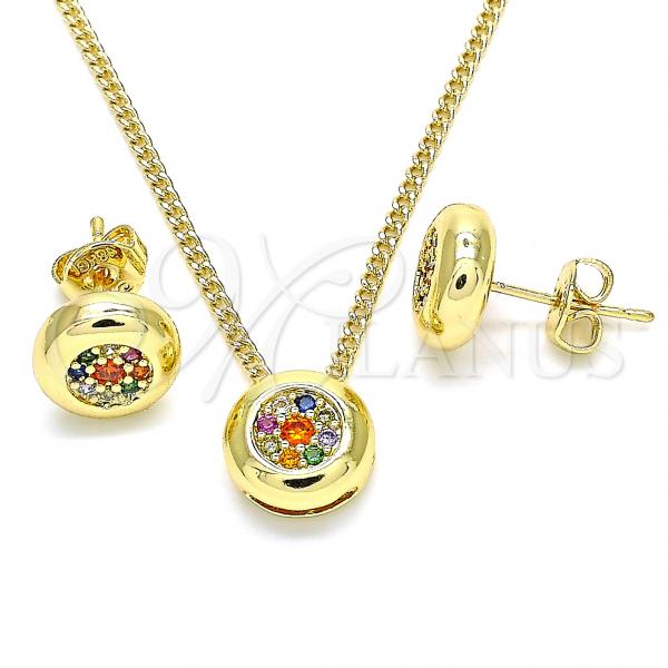 Oro Laminado Earring and Pendant Adult Set, Gold Filled Style with Multicolor Micro Pave, Polished, Golden Finish, 10.156.0276.3