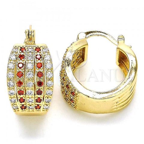 Oro Laminado Small Hoop, Gold Filled Style with Garnet and White Cubic Zirconia, Polished, Golden Finish, 02.210.0286.1.20