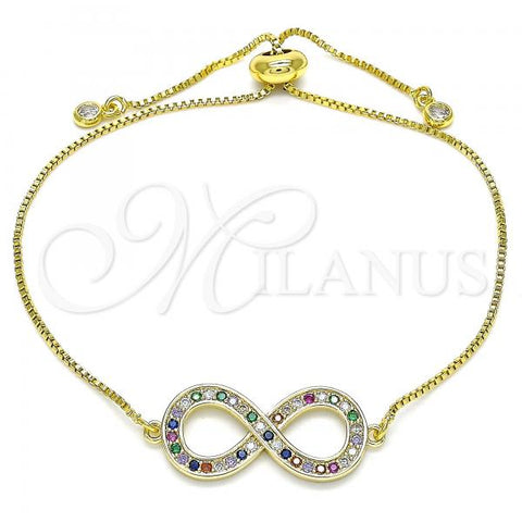 Oro Laminado Adjustable Bolo Bracelet, Gold Filled Style Infinite Design, with Multicolor Micro Pave and White Cubic Zirconia, Polished, Golden Finish, 03.156.0022.1.11