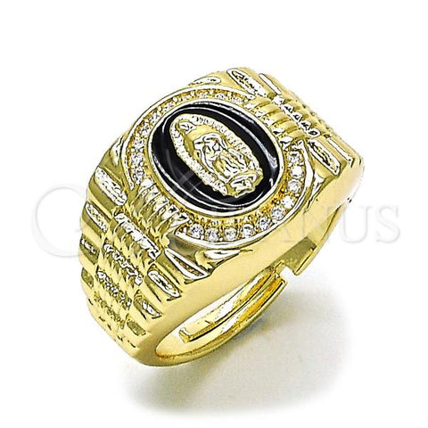 Oro Laminado Multi Stone Ring, Gold Filled Style Guadalupe Design, with White Micro Pave, Black Enamel Finish, Golden Finish, 01.411.0001