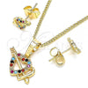 Oro Laminado Earring and Pendant Adult Set, Gold Filled Style Heart Design, with Multicolor Micro Pave, Polished, Golden Finish, 10.233.0044.2
