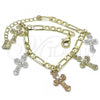 Oro Laminado Charm Bracelet, Gold Filled Style Crucifix Design, Polished, Tricolor, 03.351.0150.07