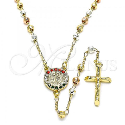 Oro Laminado Thin Rosary, Gold Filled Style San Benito and Crucifix Design, with Multicolor Crystal, Polished, Tricolor, 09.253.0050.22