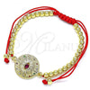 Oro Laminado Adjustable Bolo Bracelet, Gold Filled Style Ball and Evil Eye Design, with Multicolor Micro Pave and Ruby Cubic Zirconia, Polished, Golden Finish, 03.341.0102.11