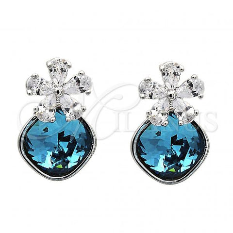 Rhodium Plated Stud Earring, Flower Design, with Indicolite Swarovski Crystals and White Micro Pave, Polished, Rhodium Finish, 02.63.2580