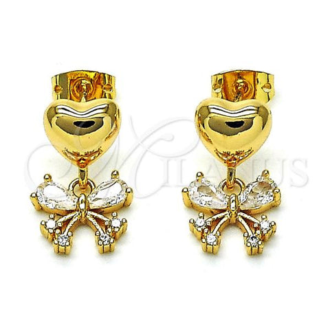 Oro Laminado Dangle Earring, Gold Filled Style Butterfly and Heart Design, with White Cubic Zirconia, Polished, Golden Finish, 02.156.0688