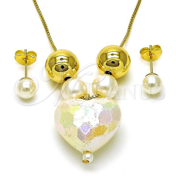 Oro Laminado Necklace and Earring, Gold Filled Style Heart and Ball Design, with Ivory Pearl, Polished, Golden Finish, 06.417.0009