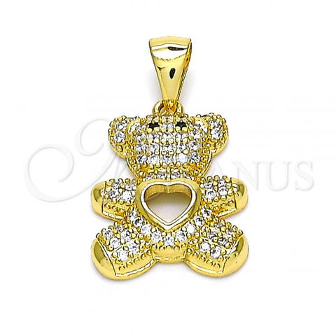 Oro Laminado Fancy Pendant, Gold Filled Style Teddy Bear and Heart Design, with White and Black Micro Pave, Polished, Golden Finish, 05.342.0032