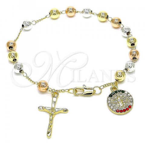 Oro Laminado Charm Bracelet, Gold Filled Style San Benito and Crucifix Design, with Multicolor Crystal, Polished, Tricolor, 03.380.0117.1.08