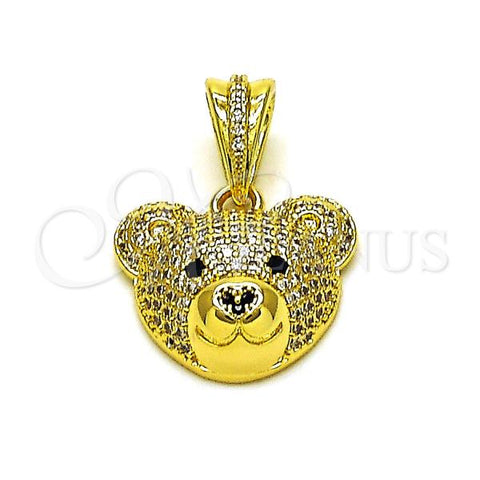 Oro Laminado Fancy Pendant, Gold Filled Style Teddy Bear Design, with White and Black Micro Pave, Polished, Golden Finish, 05.341.0081