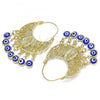 Oro Laminado Long Earring, Gold Filled Style Guadalupe and Evil Eye Design, Blue Resin Finish, Golden Finish, 02.380.0056.2