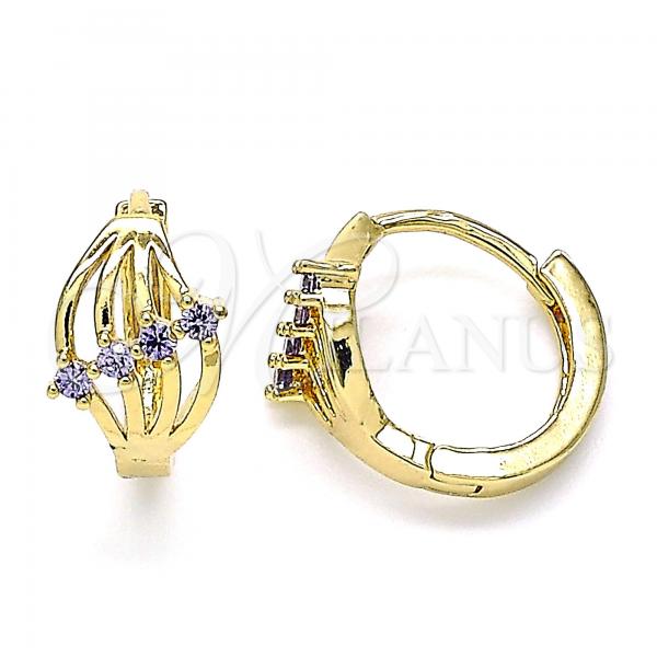 Oro Laminado Huggie Hoop, Gold Filled Style with Amethyst Cubic Zirconia, Polished, Golden Finish, 02.210.0597.2.12