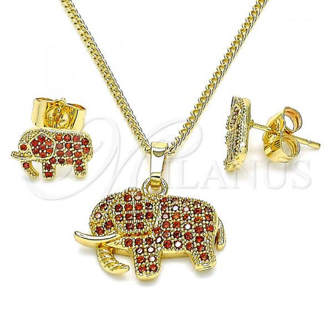 Oro Laminado Earring and Pendant Adult Set, Gold Filled Style Elephant Design, with Garnet Micro Pave, Polished, Golden Finish, 10.284.0022