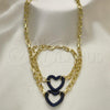Oro Laminado Necklace and Bracelet, Gold Filled Style Paperclip and Heart Design, with Sapphire Blue Micro Pave, Polished, Black Rhodium Finish, 06.341.0004.3