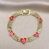 Oro Laminado Fancy Bracelet, Gold Filled Style Heart and Bismark Design, Red Enamel Finish, Golden Finish, 03.331.0220.07