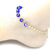 Oro Laminado Fancy Anklet, Gold Filled Style Evil Eye Design, Blue Polished, Golden Finish, 03.63.2071.2.10