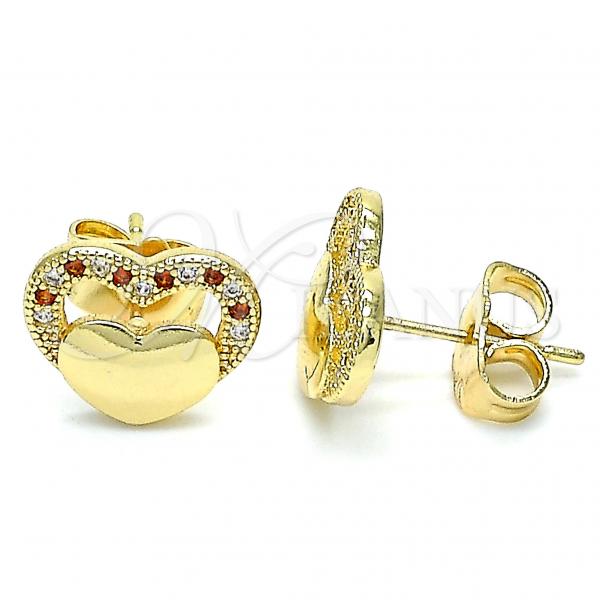 Oro Laminado Stud Earring, Gold Filled Style Heart Design, with Garnet and White Micro Pave, Polished, Golden Finish, 02.156.0271.2