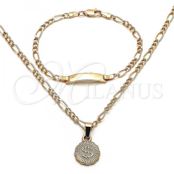 Oro Laminado Necklace and Bracelet, Gold Filled Style Money Sign Design, Polished, Golden Finish, 06.63.0258