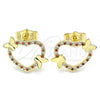 Oro Laminado Stud Earring, Gold Filled Style Heart and Butterfly Design, with Garnet and White Micro Pave, Polished, Golden Finish, 02.195.0127.1