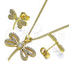 Oro Laminado Earring and Pendant Adult Set, Gold Filled Style Dragon-Fly Design, with White Micro Pave and White Cubic Zirconia, Polished, Golden Finish, 10.156.0433