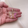 Oro Laminado Fancy Pendant, Gold Filled Style Butterfly Design, with White Crystal, Dark Pink Resin Finish, Golden Finish, 05.196.0012