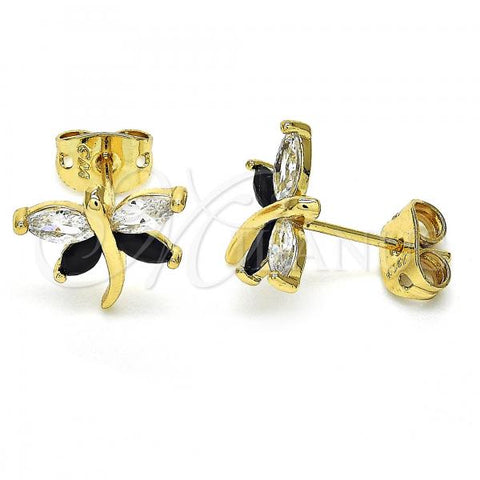 Oro Laminado Stud Earring, Gold Filled Style Dragon-Fly Design, with Black and White Cubic Zirconia, Polished, Golden Finish, 02.213.0070.2