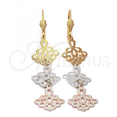 Oro Laminado Long Earring, Gold Filled Style Flower Design, Diamond Cutting Finish, Tricolor, 5.084.001