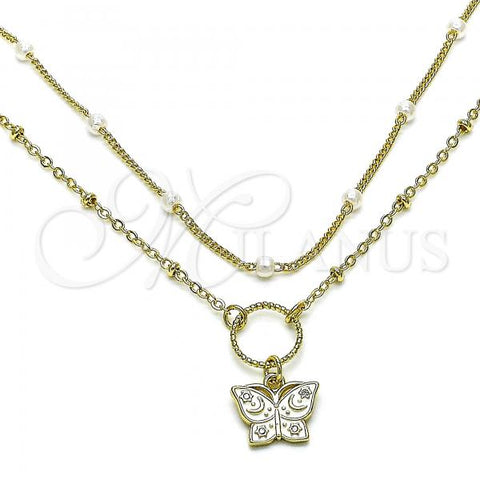 Oro Laminado Fancy Necklace, Gold Filled Style Butterfly and Moon Design, with White Micro Pave and Ivory Pearl, White Enamel Finish, Golden Finish, 04.213.0288.16