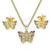 Oro Laminado Earring and Pendant Adult Set, Gold Filled Style Butterfly Design, with Multicolor Micro Pave, Polished, Golden Finish, 10.284.0021