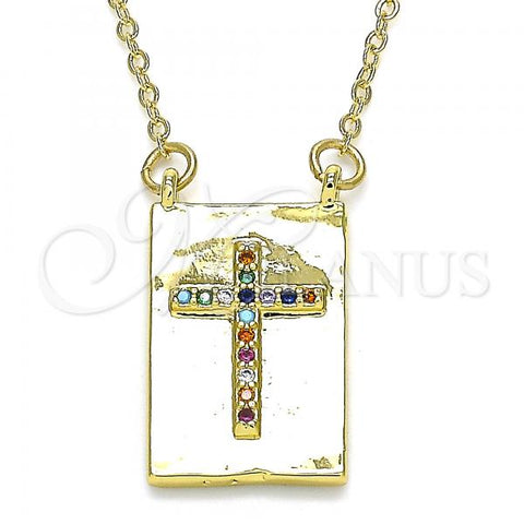 Oro Laminado Pendant Necklace, Gold Filled Style Cross Design, with Multicolor Micro Pave, Polished, Golden Finish, 04.341.0035.18
