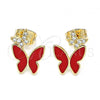 Oro Laminado Stud Earring, Gold Filled Style Butterfly Design, with White Micro Pave, Red Enamel Finish, Golden Finish, 02.213.0178.1