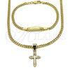 Oro Laminado Necklace and Bracelet, Gold Filled Style Cross and Miami Cuban Design, Polished, Golden Finish, 06.63.0268