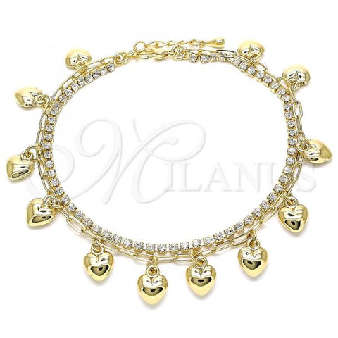 Oro Laminado Charm Anklet , Gold Filled Style Heart and Paperclip Design, with White Crystal, Polished, Golden Finish, 03.372.0009.10