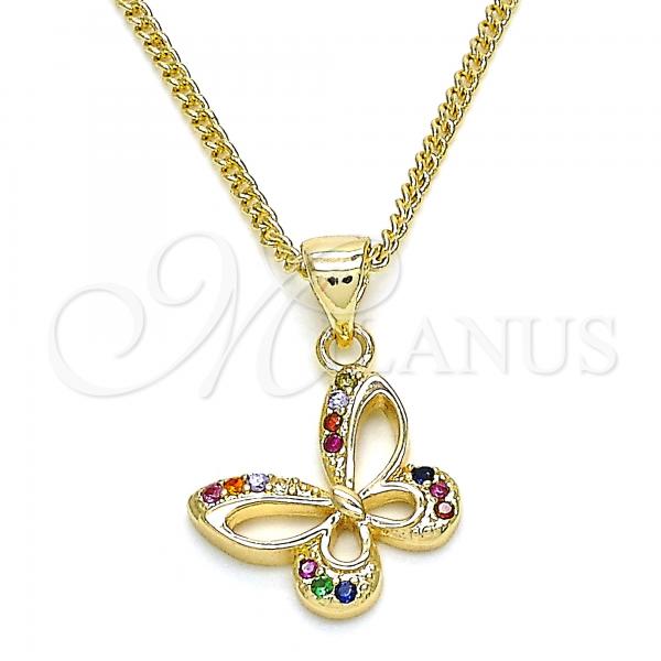 Oro Laminado Pendant Necklace, Gold Filled Style Butterfly Design, with Multicolor Micro Pave, Polished, Golden Finish, 04.156.0317.3.20