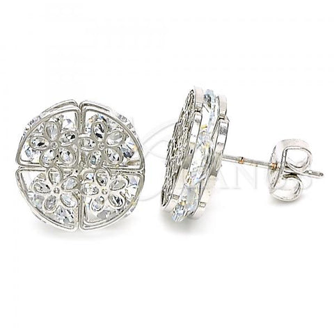 Rhodium Plated Stud Earring, Flower Design, with White Cubic Zirconia, Polished, Rhodium Finish, 02.106.0018.1