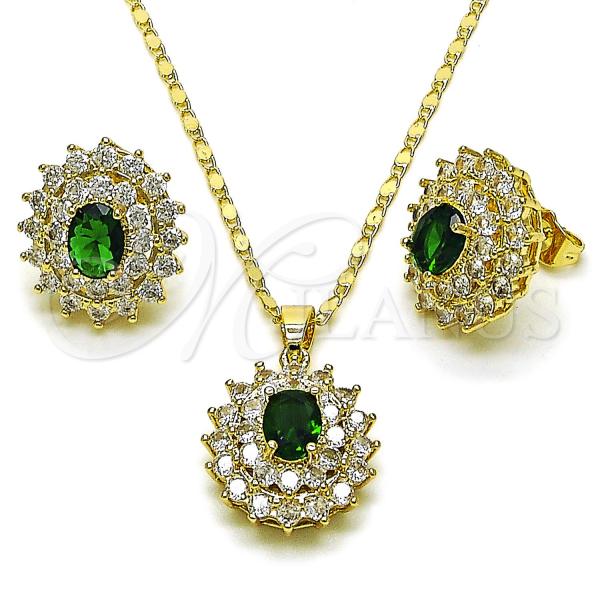 Oro Laminado Earring and Pendant Adult Set, Gold Filled Style Cluster Design, with Green and White Cubic Zirconia, Polished, Golden Finish, 10.284.0046.1