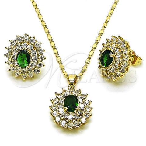 Oro Laminado Earring and Pendant Adult Set, Gold Filled Style Cluster Design, with Green and White Cubic Zirconia, Polished, Golden Finish, 10.284.0046.1