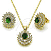 Oro Laminado Earring and Pendant Adult Set, Gold Filled Style Cluster Design, with Green and White Cubic Zirconia, Polished, Golden Finish, 10.284.0046.1