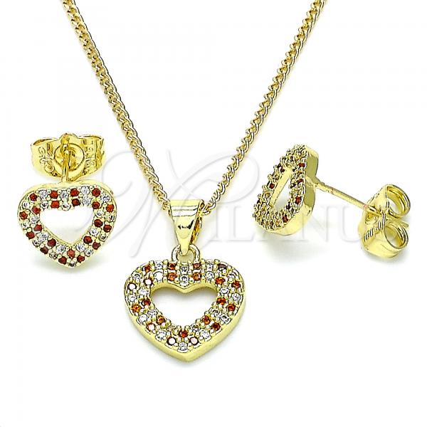 Oro Laminado Earring and Pendant Adult Set, Gold Filled Style Heart Design, with Garnet and White Micro Pave, Polished, Golden Finish, 10.199.0156.1